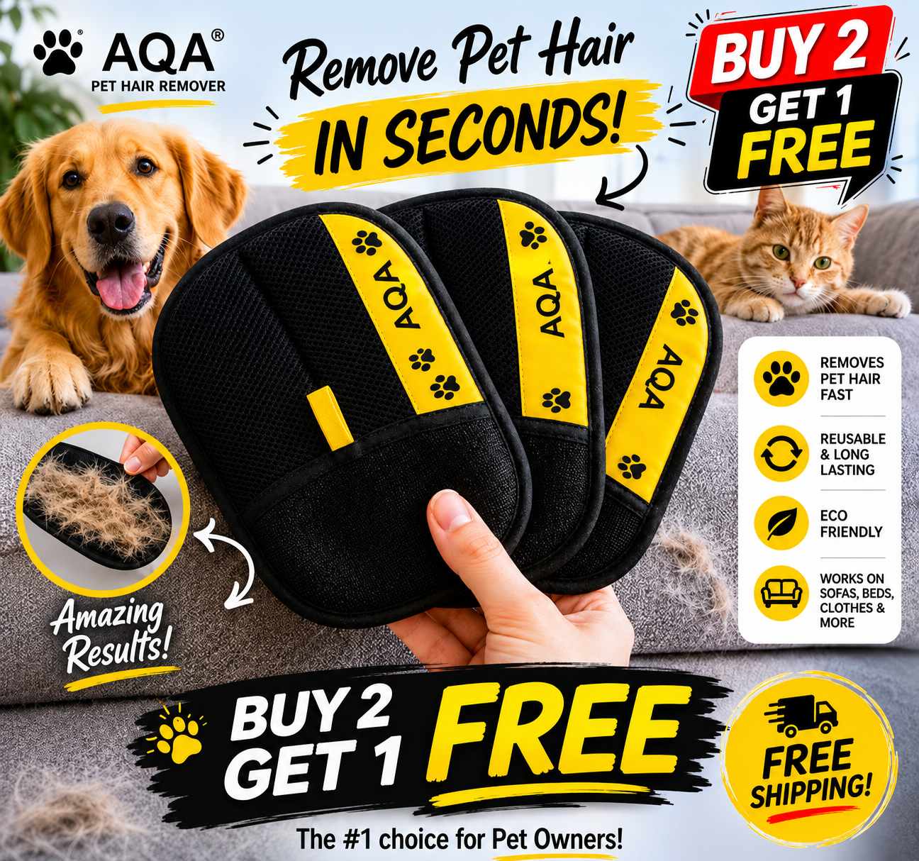 The last 3 hours ✨ Buy 1 Get 1 FreeAQA Pet Hair Removal Glove for Dogs & Cats