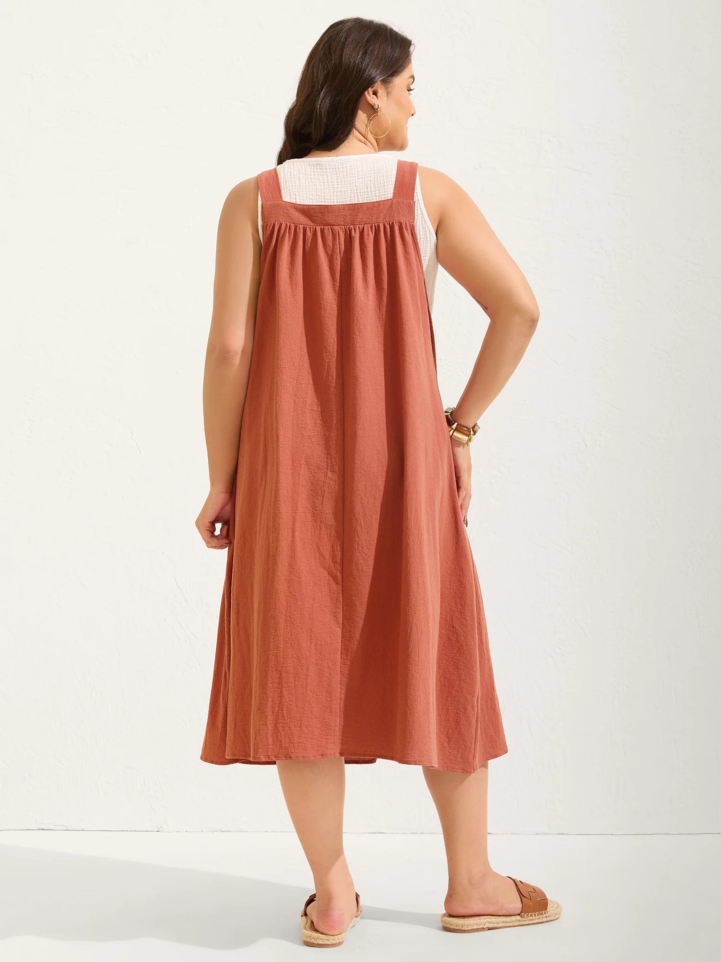 Rust Red Cotton Pleated Pocket Midi Dress, Perfect Gift for Mother's Day!