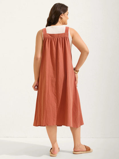 Rust Red Cotton Pleated Pocket Midi Dress, Perfect Gift for Mother's Day!