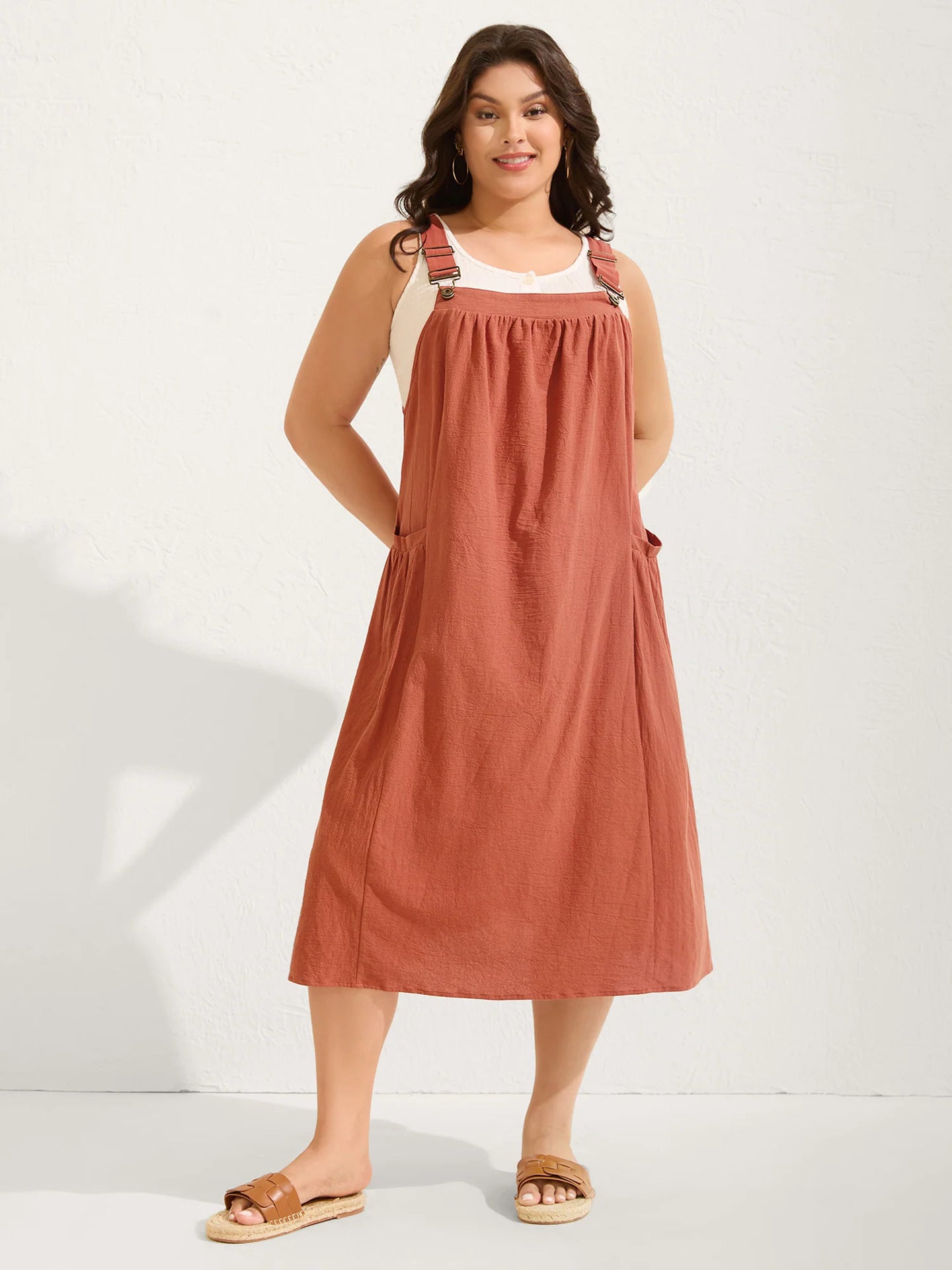 Rust Red Cotton Pleated Pocket Midi Dress, Perfect Gift for Mother's Day!