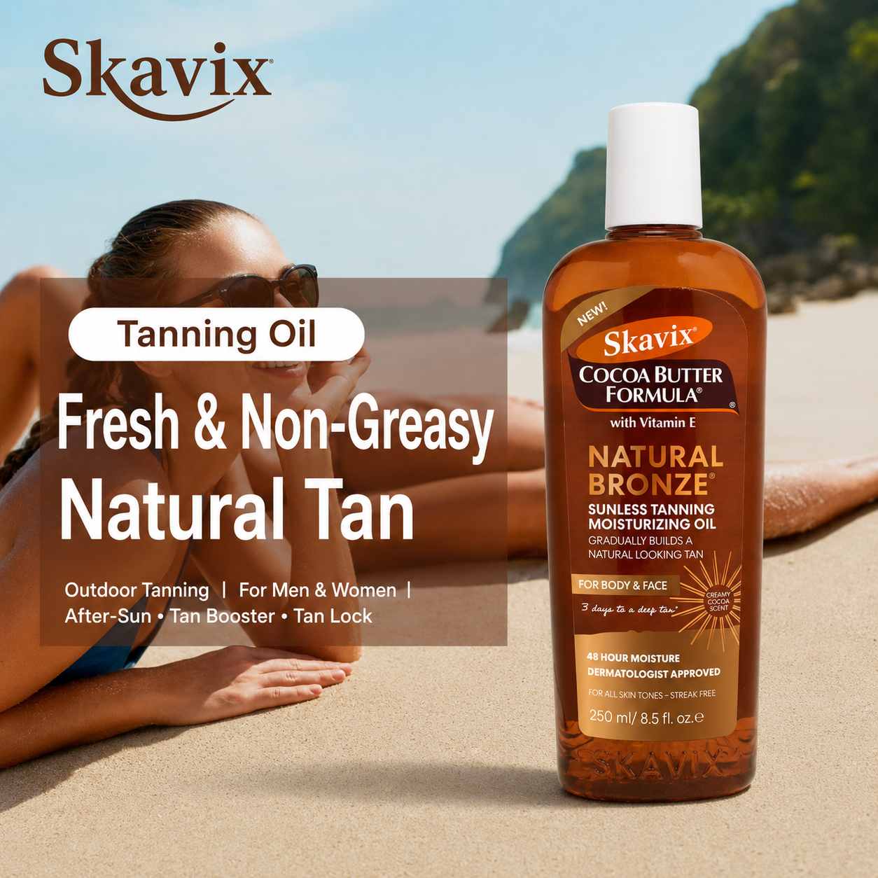 Skavix Natural Bronze Tanning Oil – Fast-Absorbing Cocoa Butter Moisturizer for a Sun-Kissed Glow