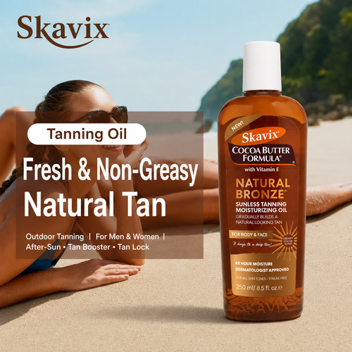 Skavix Natural Bronze Tanning Oil – Fast-Absorbing Cocoa Butter Moisturizer for a Sun-Kissed Glow