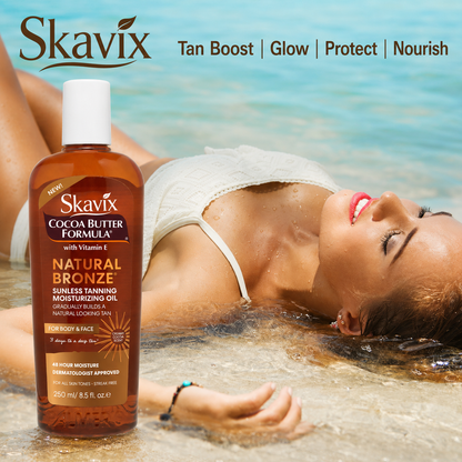 Skavix Natural Bronze Tanning Oil – Fast-Absorbing Cocoa Butter Moisturizer for a Sun-Kissed Glow