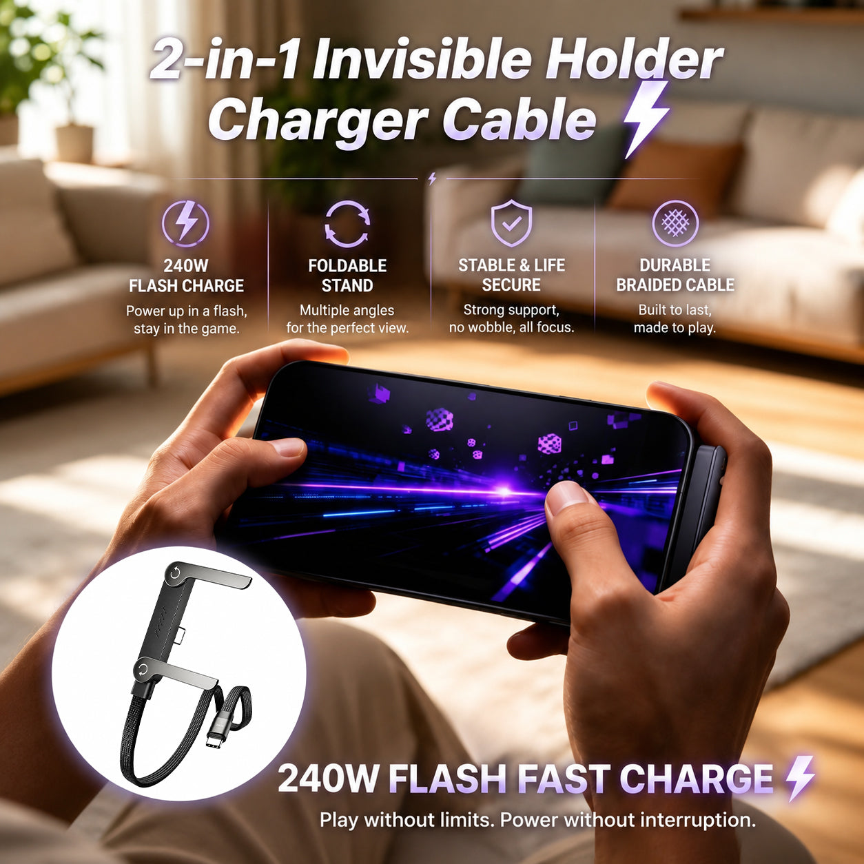 ⚡Official Authorized | 2-in-1 Invisible Holder Charger Cable - 240W Fast Charging Cord with Built-In Phone Stand Big Sale