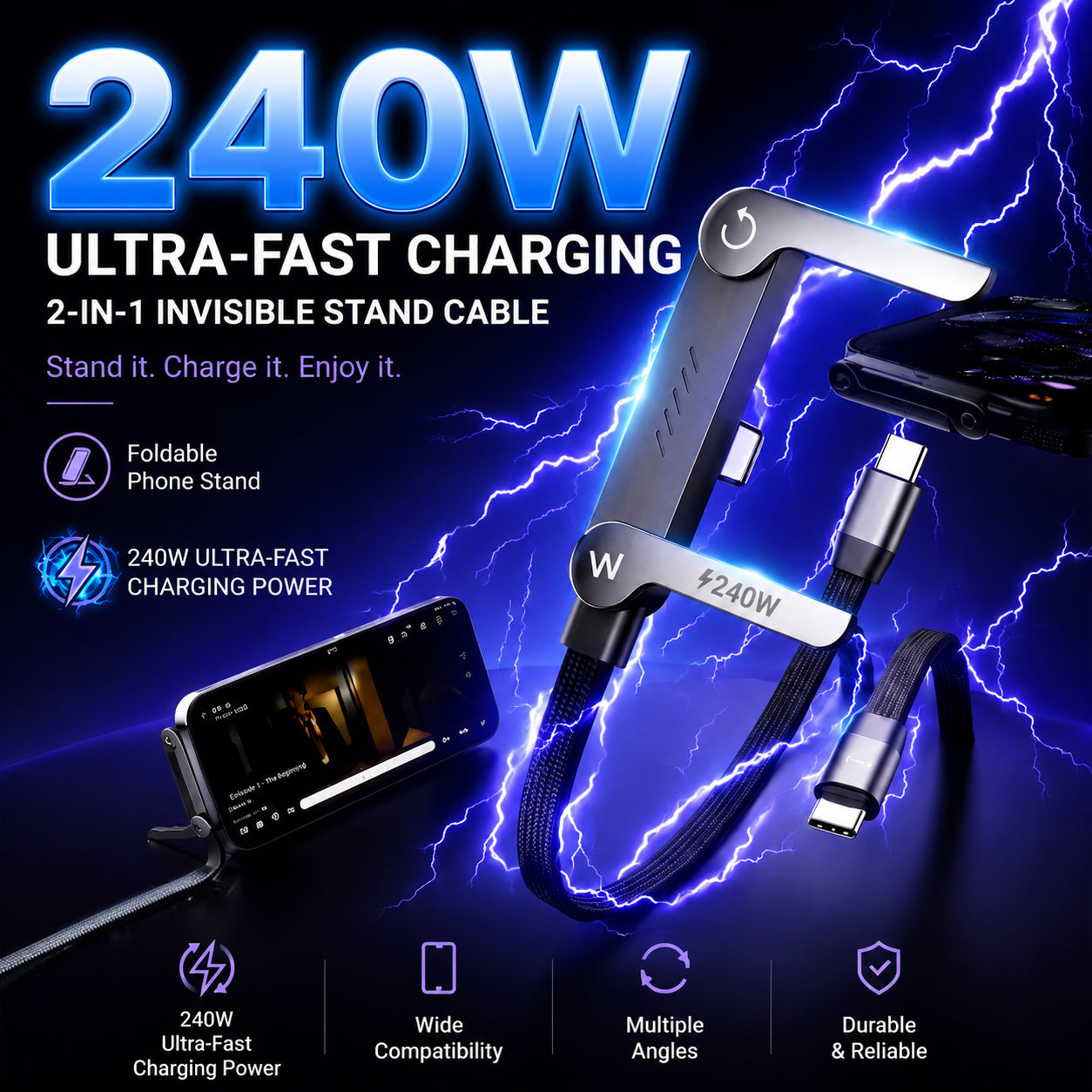 ⚡Official Authorized | 2-in-1 Invisible Holder Charger Cable - 240W Fast Charging Cord with Built-In Phone Stand Big Sale