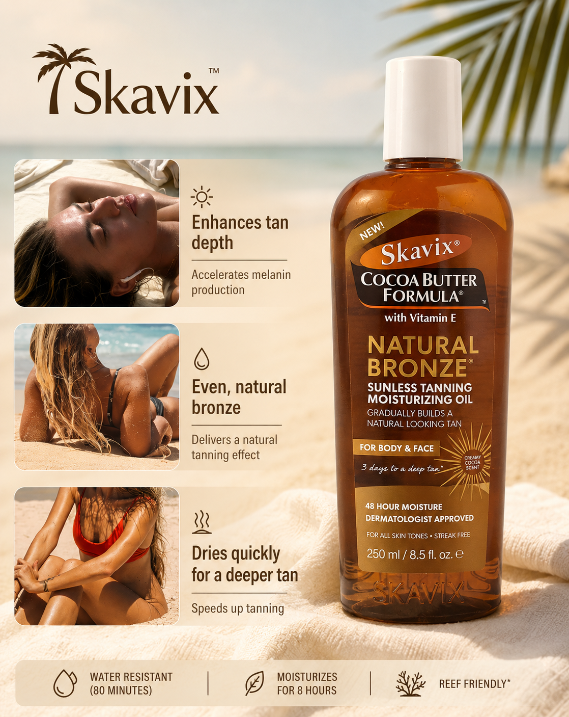 Skavix Natural Bronze Tanning Oil – Fast-Absorbing Cocoa Butter Moisturizer for a Sun-Kissed Glow